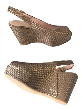 Stuart Weitzman Metallic Woven Bronze Wedge Slingbacks